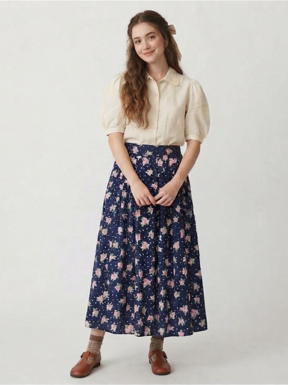 Vintage Cottagecore Pleated Polka Dot Floral Maxi Skirt Prairiecore Boho Granny